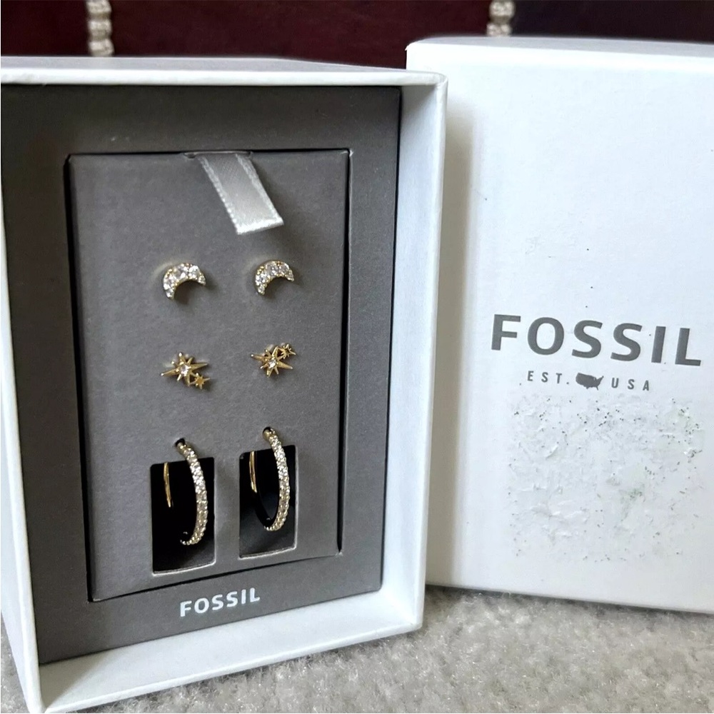 FOSSIL Womens Stars & Moon CZ 3 Earrings Set Gold Tone Brass New In Box